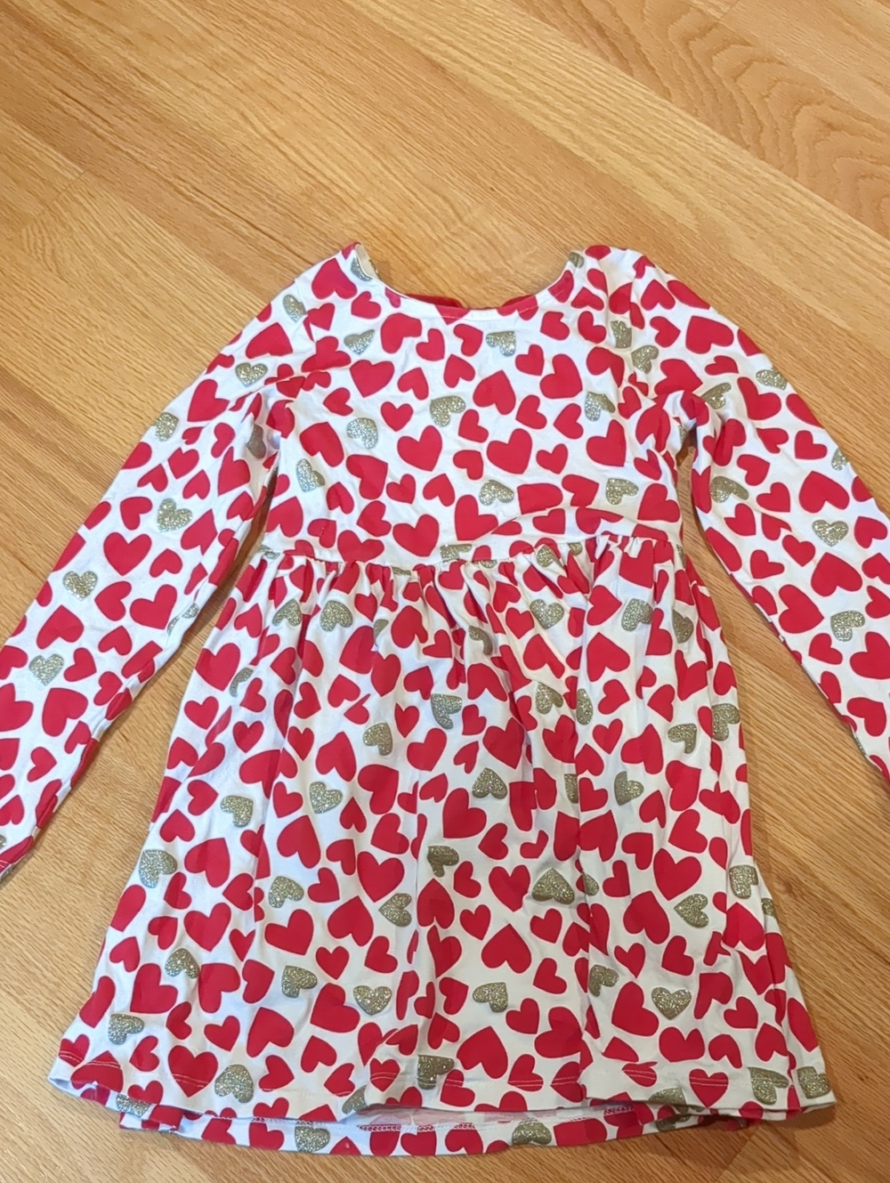 Kids Long-Sleeve Heart Print Dress - Red & Gold